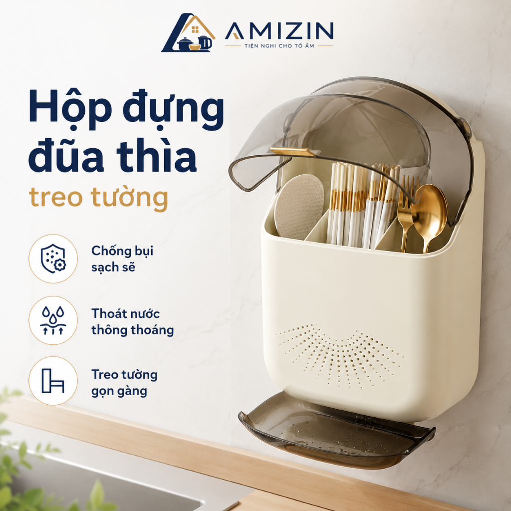 Hộp Đựng Đũa Muỗng Treo Tường Có Khay Đỡ Nước - Ống đựng đũa gắn tường có nắp đậy Kích thước: 31x20x8 cm AMIZIN