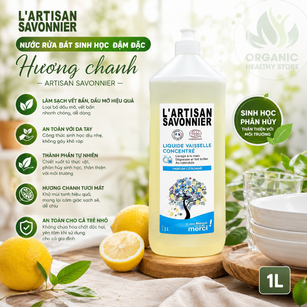 Nước rửa chén sinh học đậm đặc hương chanh Artisan Savonnier 1L