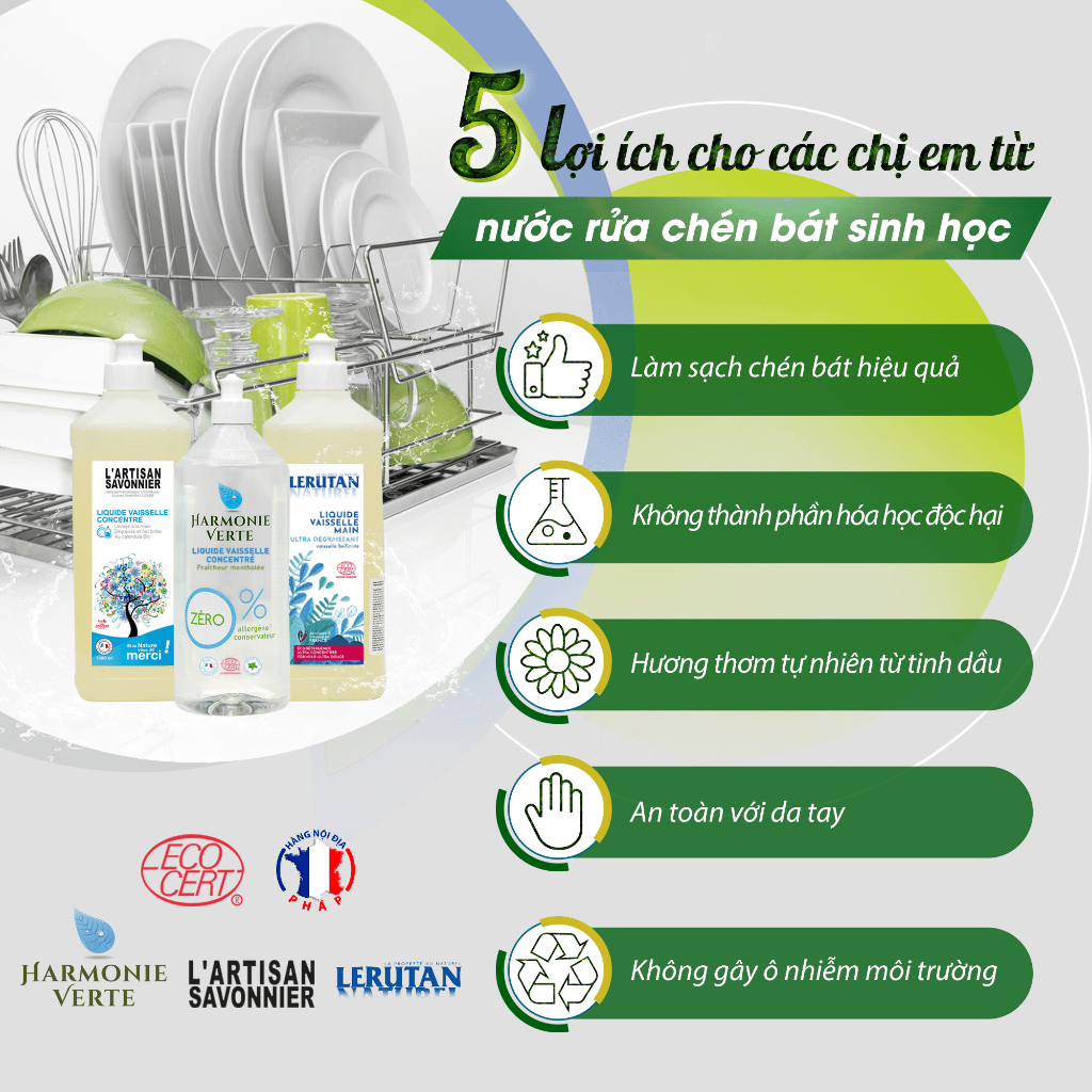 Nước rửa chén sinh học đậm đặc hương chanh Artisan Savonnier 1L