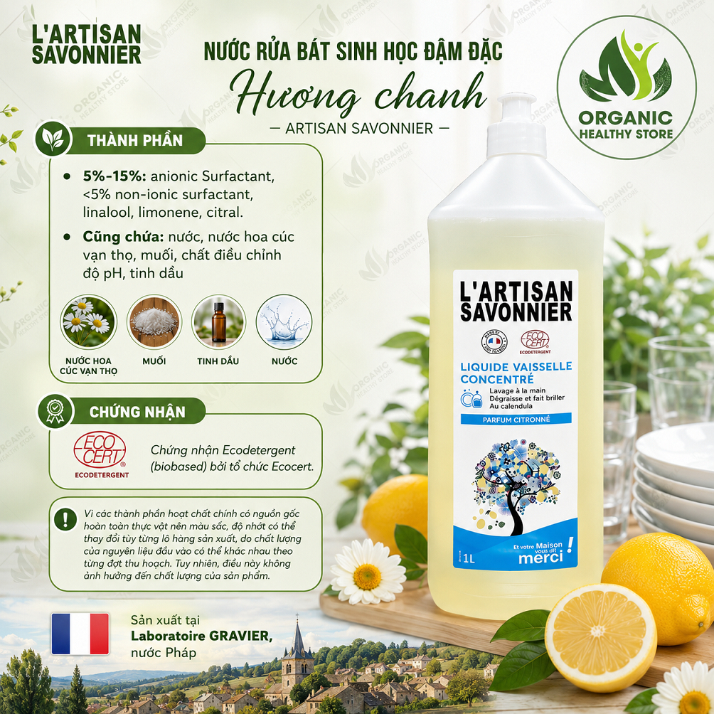 Nước rửa chén sinh học đậm đặc hương chanh Artisan Savonnier 1L