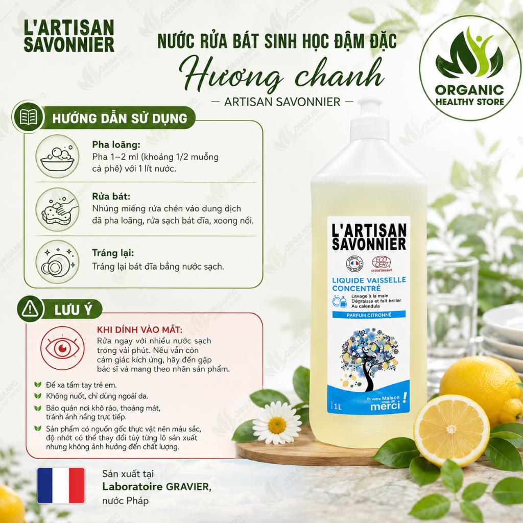 Nước rửa chén sinh học đậm đặc hương chanh Artisan Savonnier 1L
