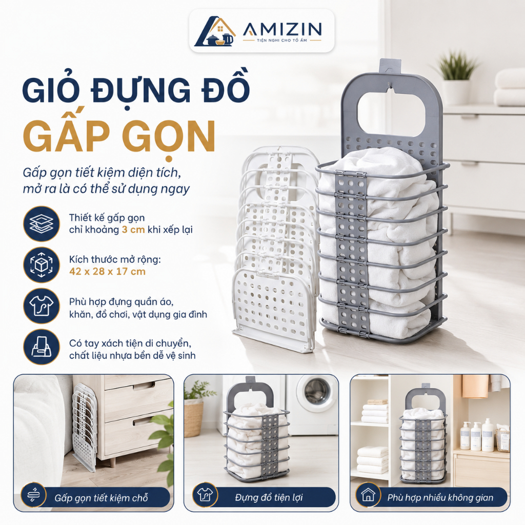 Giỏ đựng đồ gấp gọn thông minh Việt Nhật tặng móc dính trong (3379), giỏ treo tường đựng quần áo đồ dùng nhà tắm - 00540