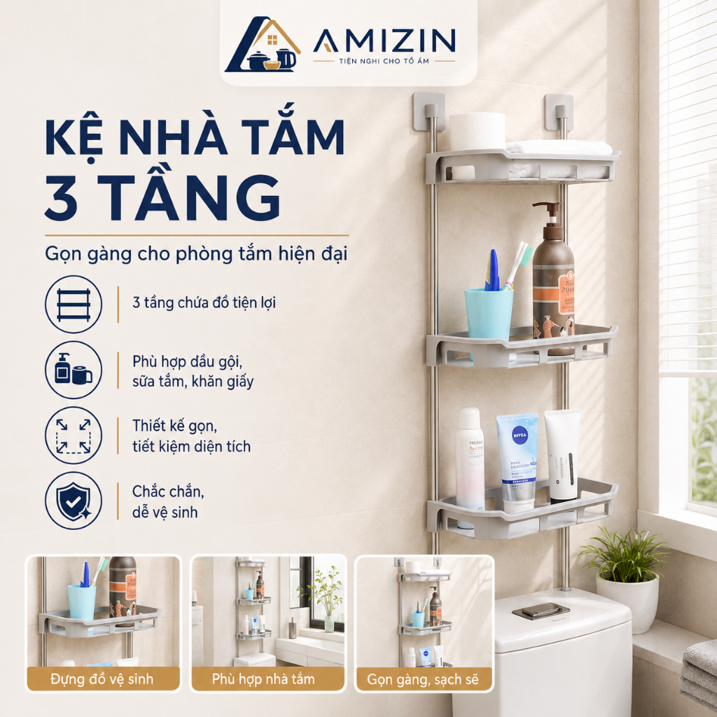 Kệ nhựa đa năng nhà tắm nhà vệ sinh 2,3 tầng kệ bồn cầu tiết kiệm không gian hít chân không gắn tường