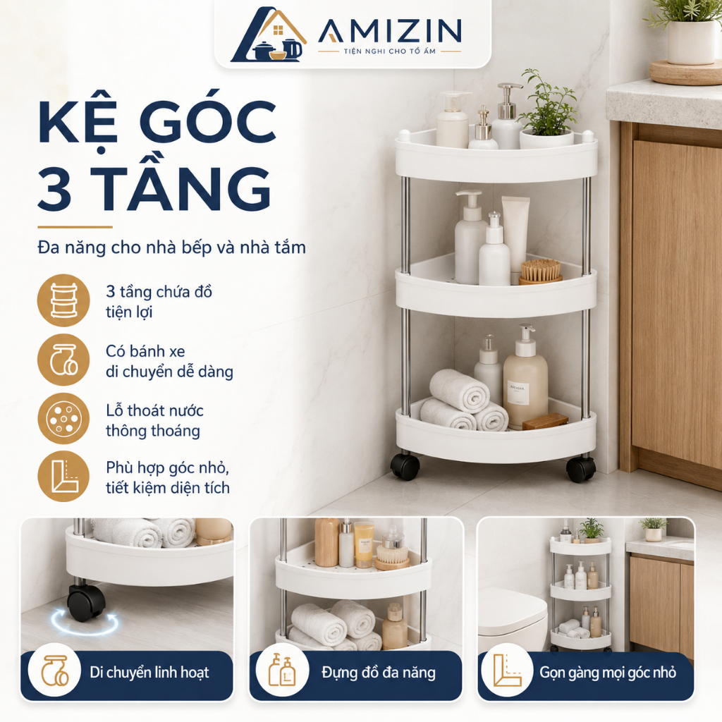 Kệ để đồ đa năng nhà tắm,bếp-kệ để góc gọn 3-4 tầng chất liệu khung kim loại chống gỉ chân có bánh xe di chuyển tiện lợi