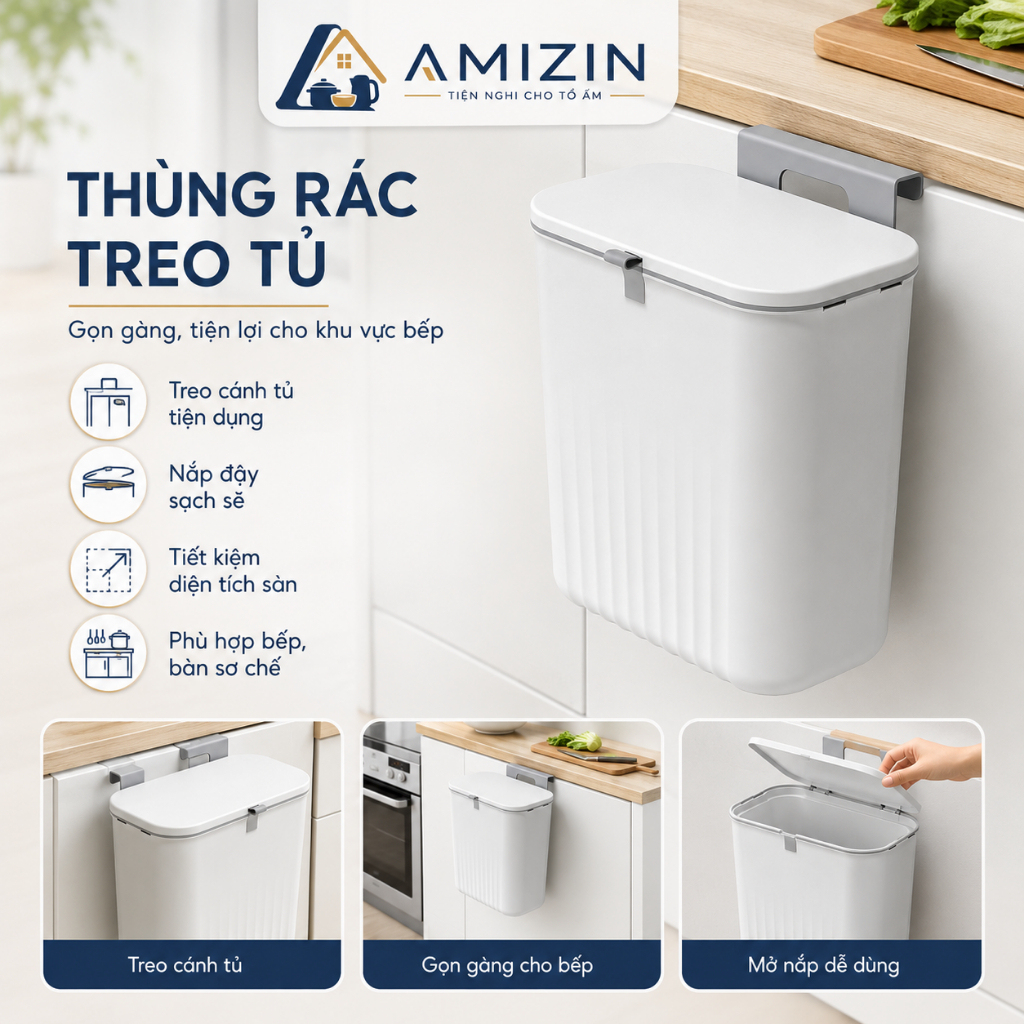 Thùng Rác Có Nắp Bật Thông Minh, Thùng Rác Khe Hẹp Tiết Kiệm Không Gian TR030 AMIZIN
