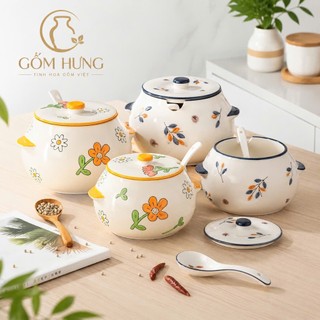 Hũ Đựng Mỡ, Đựng Gia Vị Bằng Sứ Có Tay Cầm Phong Cách Hiện Đại (Kèm Thìa)
