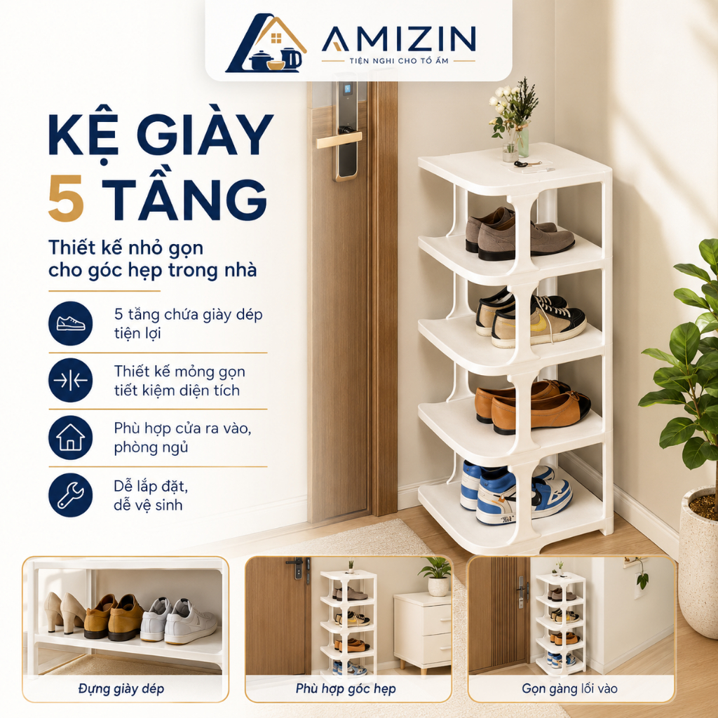 kệ để giày, Giá để giày 5 tầng kiểu mới đa năng thông minh chất liệu nhựa cao cấp