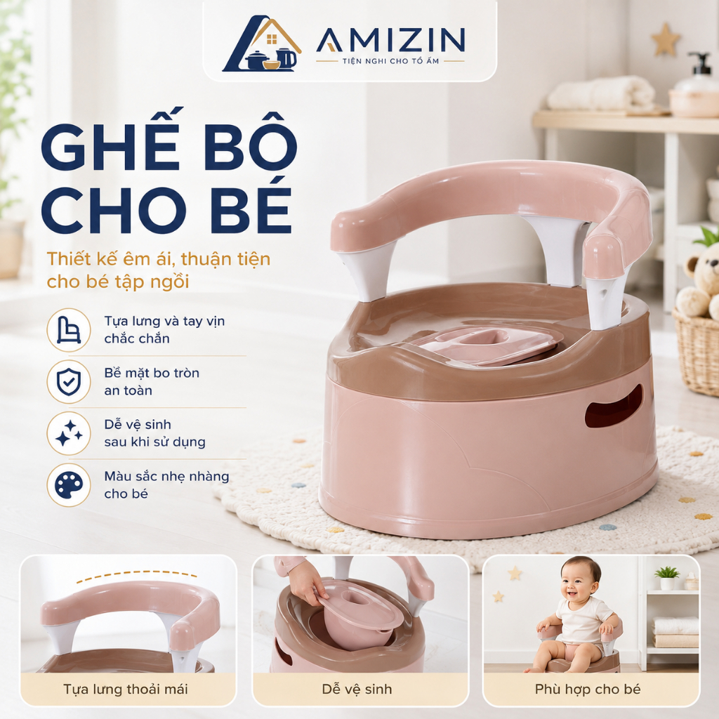 Bô vệ sinh cho bé có ngai tựa lưng Việt Nhật - Dụng cụ vệ sinh tiện lợi cho bé nhiều màu sắc AMIZIN