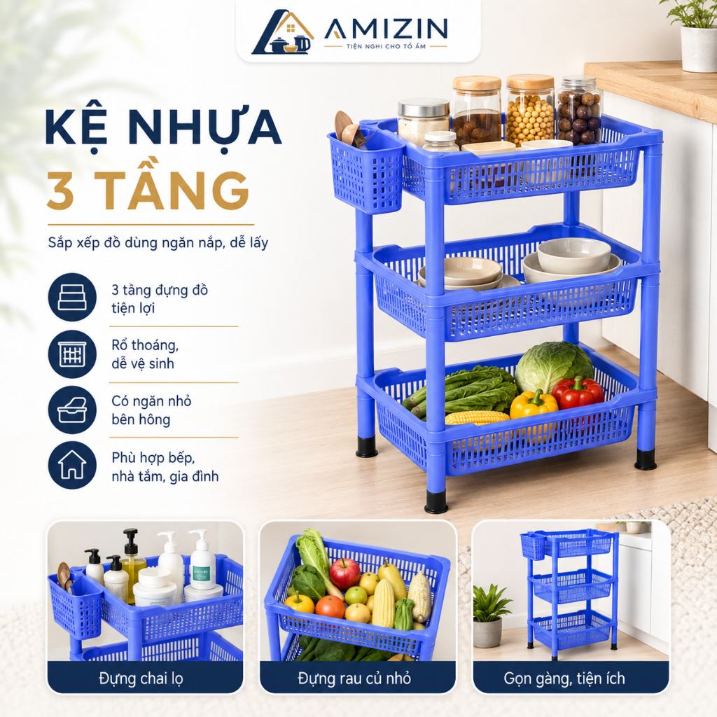 Giá để bát nhựa 2, 3 tầng Việt Nhật màu xanh có ống đũa.Kệ để đồ.