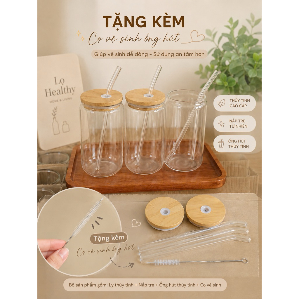 Ly Thủy Tinh 500ml Có Nắp Tre Kèm Ống Hút Thủy Tinh - Ly Uống Nước, Cà Phê, Matcha, Detox