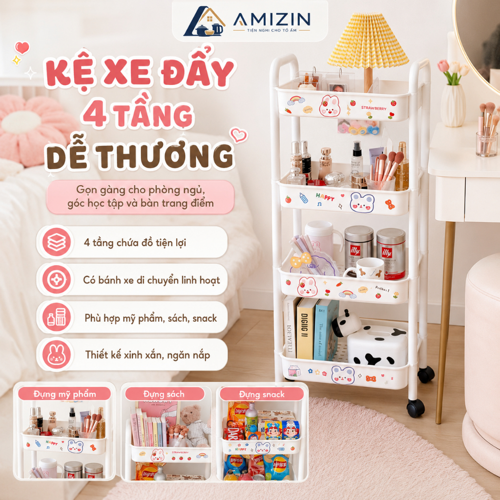 Kệ để đựng đồ đa năng (loại 1 ) 3 - 4 tầng có bánh xe có Sticker Chất Lượng