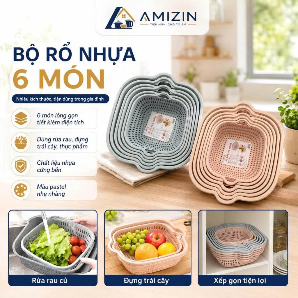 Rổ nhựa chữ nhật kèm chậu bộ 6 món , rổ rửa rau củ hoa quả hàng cao cấp Việt Nhật