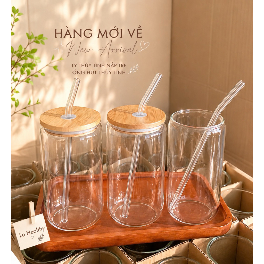 Ly Thủy Tinh 500ml Có Nắp Tre Kèm Ống Hút Thủy Tinh - Ly Uống Nước, Cà Phê, Matcha, Detox