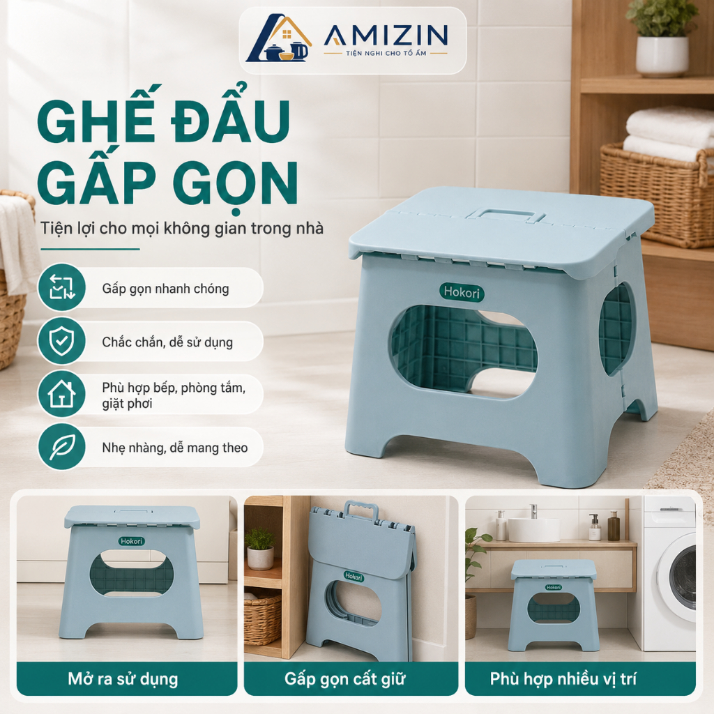 Ghế đẩu gấp gọn 2 size (MS:2058/2059) Hokori Nhựa Việt Nhật Br, Ghế nhựa Hokori xếp gọn mang đi du lịch tiện lợi Br01534