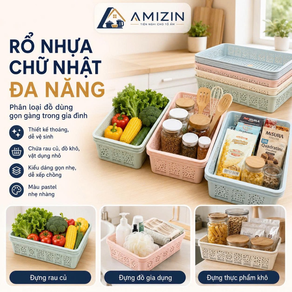 AMIZIN Rổ nhựa chữ nhật dài nhiều màu đựng bút viết, A4 dụng dài nhiều màu với 4 kích thước, nhựa, bền đẹp AMIZIN