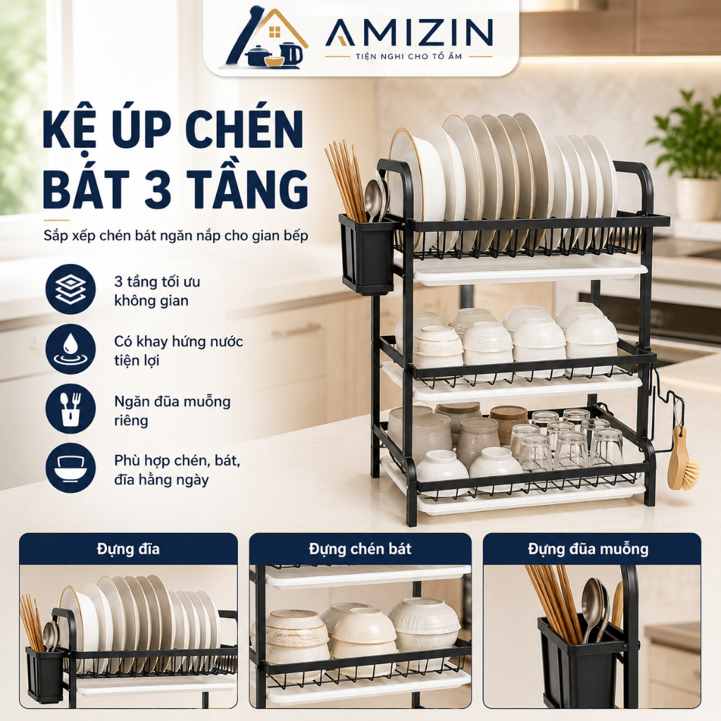 Giá Đựng Bát Đũa 2,3 Tầng Đa Năng Kèm Giá Để Đũa Cài Dao Thớt, Kệ Chén Để Bát Đĩa Kèm 3 Khay Hứng Nước