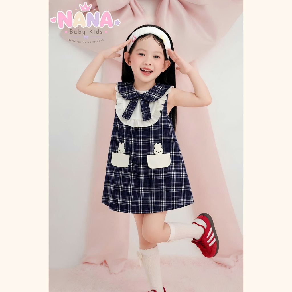 Váy bé gái, đầm bé gái mùa hè sát nách kẻ caro đính thỏ chất thô mềm siêu xinh thoáng mát Size 8-40kg