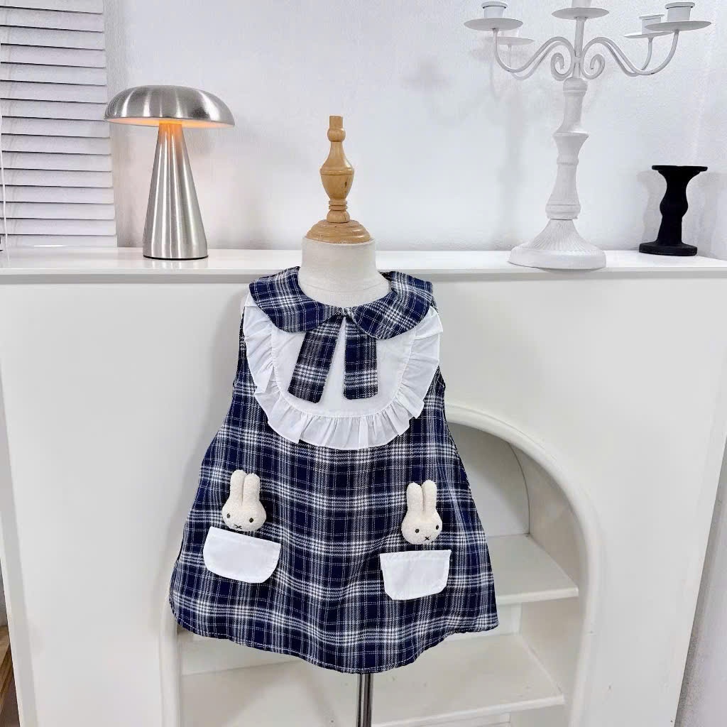 Váy bé gái, đầm bé gái mùa hè sát nách kẻ caro đính thỏ chất thô mềm siêu xinh thoáng mát Size 8-40kg