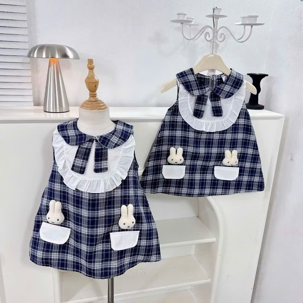 Váy bé gái, đầm bé gái mùa hè sát nách kẻ caro đính thỏ chất thô mềm siêu xinh thoáng mát Size 8-40kg