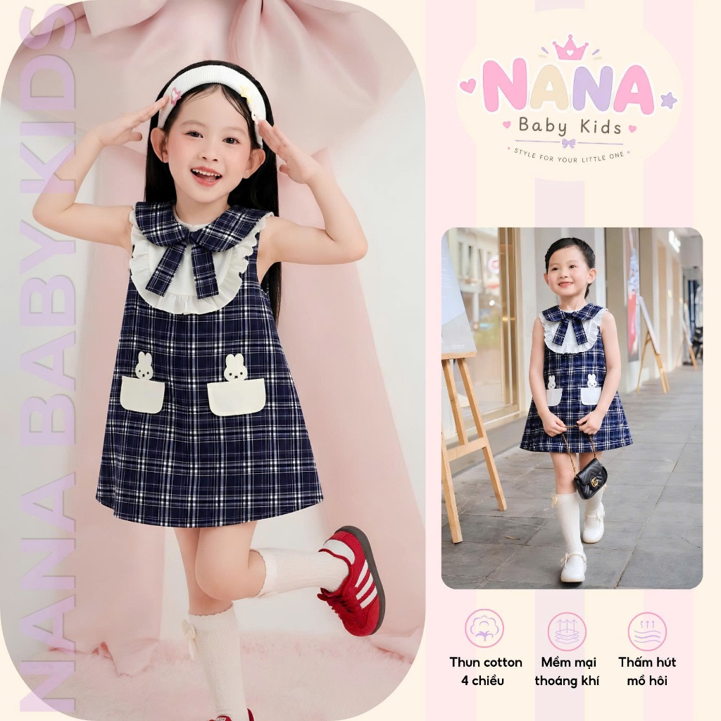 Váy bé gái, đầm bé gái mùa hè sát nách kẻ caro đính thỏ chất thô mềm siêu xinh thoáng mát Size 8-40kg