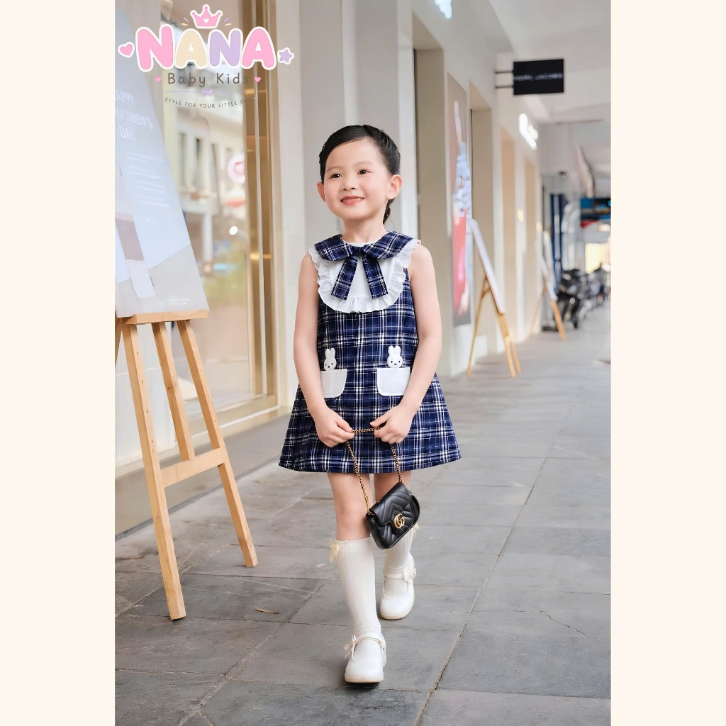 Váy bé gái, đầm bé gái mùa hè sát nách kẻ caro đính thỏ chất thô mềm siêu xinh thoáng mát Size 8-40kg