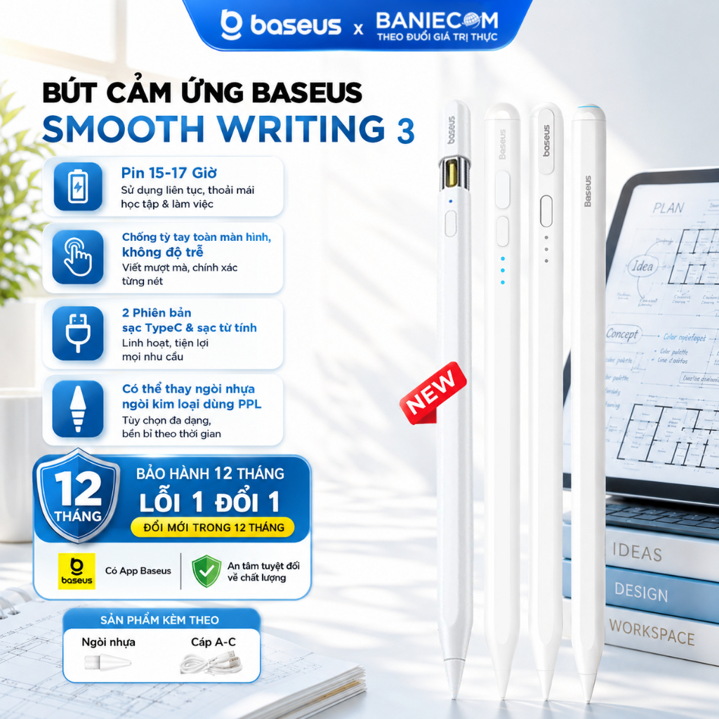 Bút cảm ứng Baseus Smooth Writing 3 PS025 PS001 PS3 PS045 PS003 PS026 PS052 Chống chạm Độ trễ thấp | BigBuy360 - bigbuy360.vn