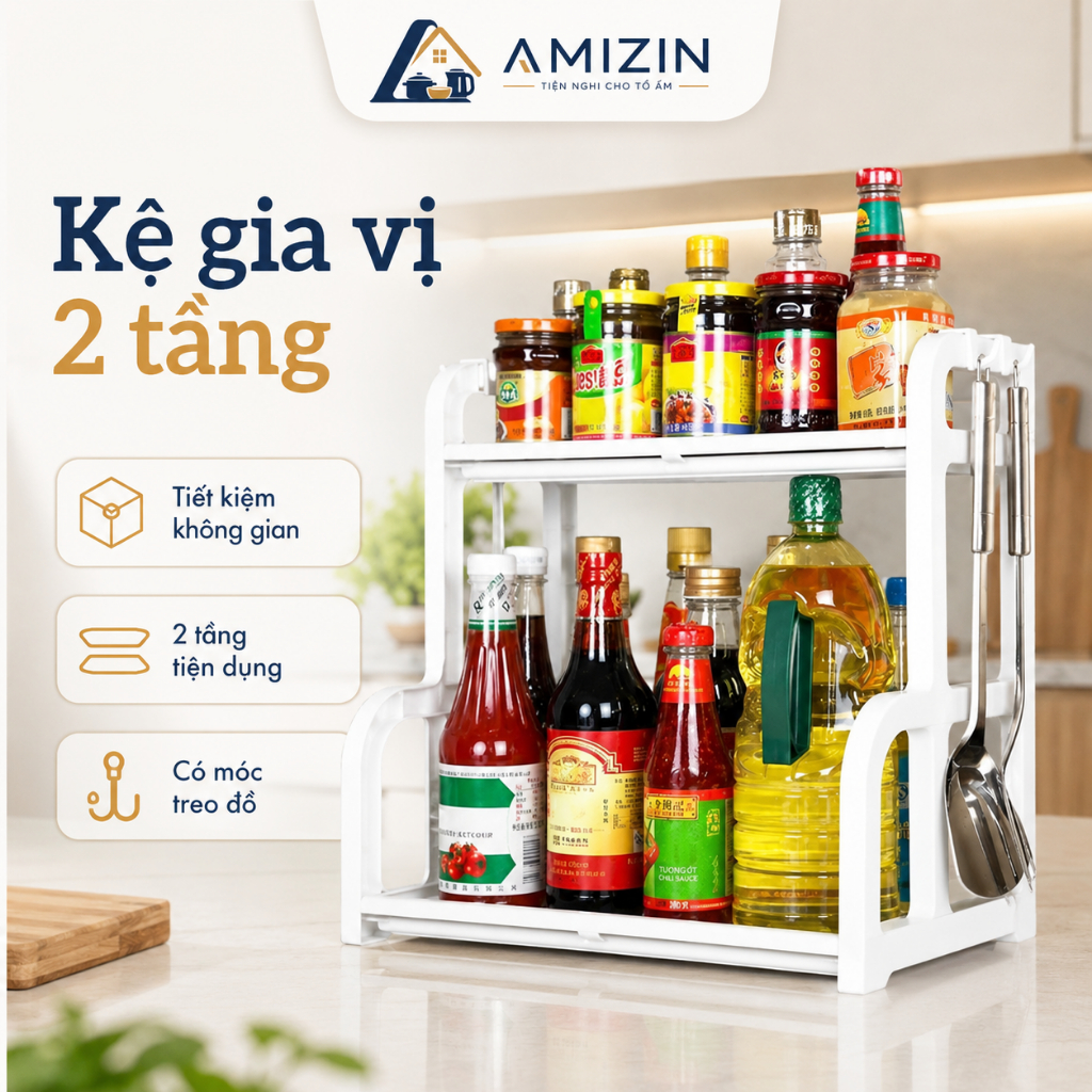 Kệ đựng gia vị đa năng AMIZIN Kệ đựng gia vị nhà bếp 2 tầng nhựa cao cấp giá rẻ
