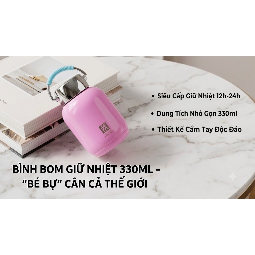 Bình Giữ Nhiệt Zwilling 330ml Dáng Bom Mini Cao Cấp - Bình Nước Giữ Nhiệt Inox 316 Có Quai Xách Đi Học Đi Làm