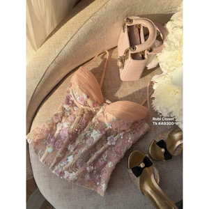 Áo 2 dây cúp ngực corset lưới kim sa hoa