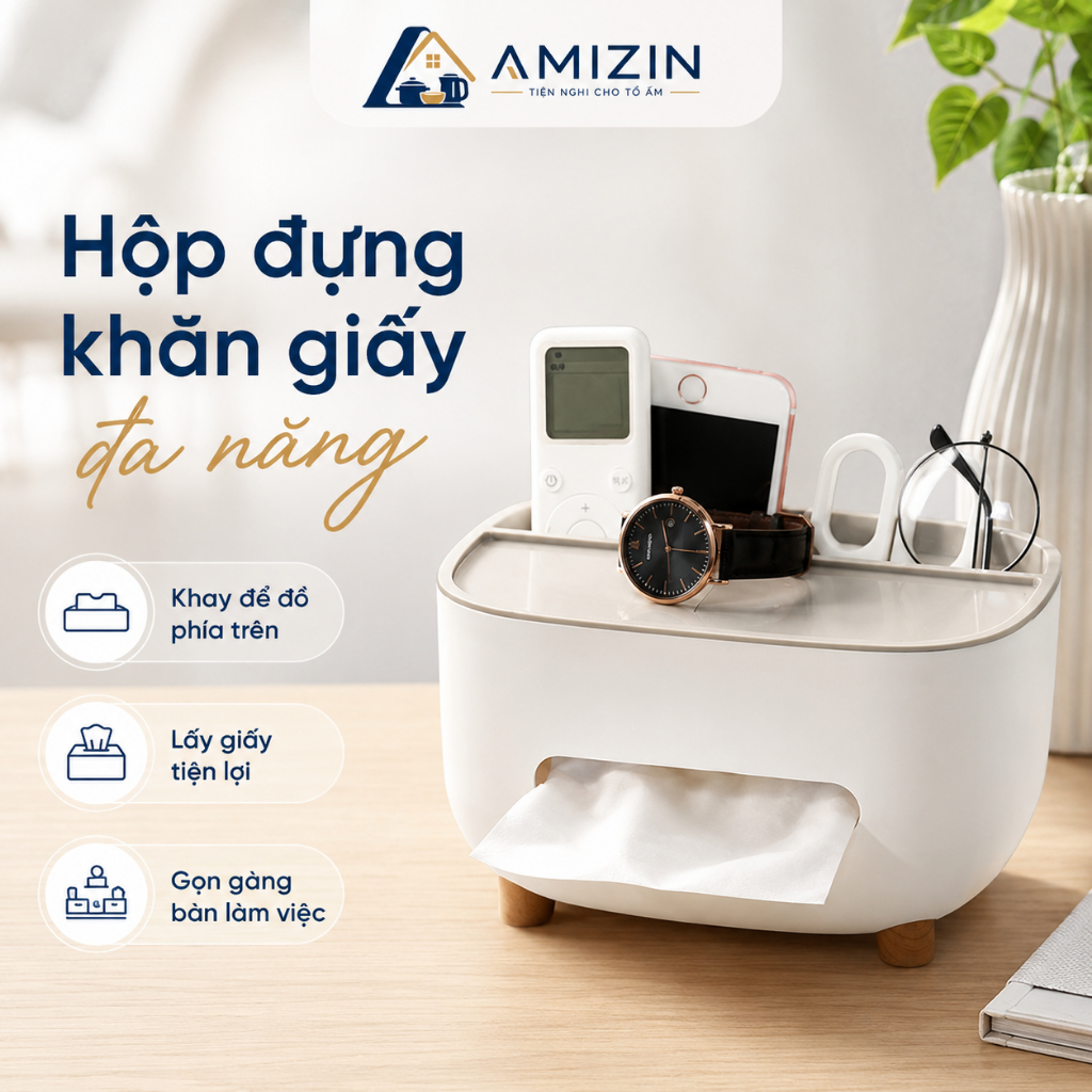 hộp đựng giấy ăn đa năng, có giá đỡ điện thoại