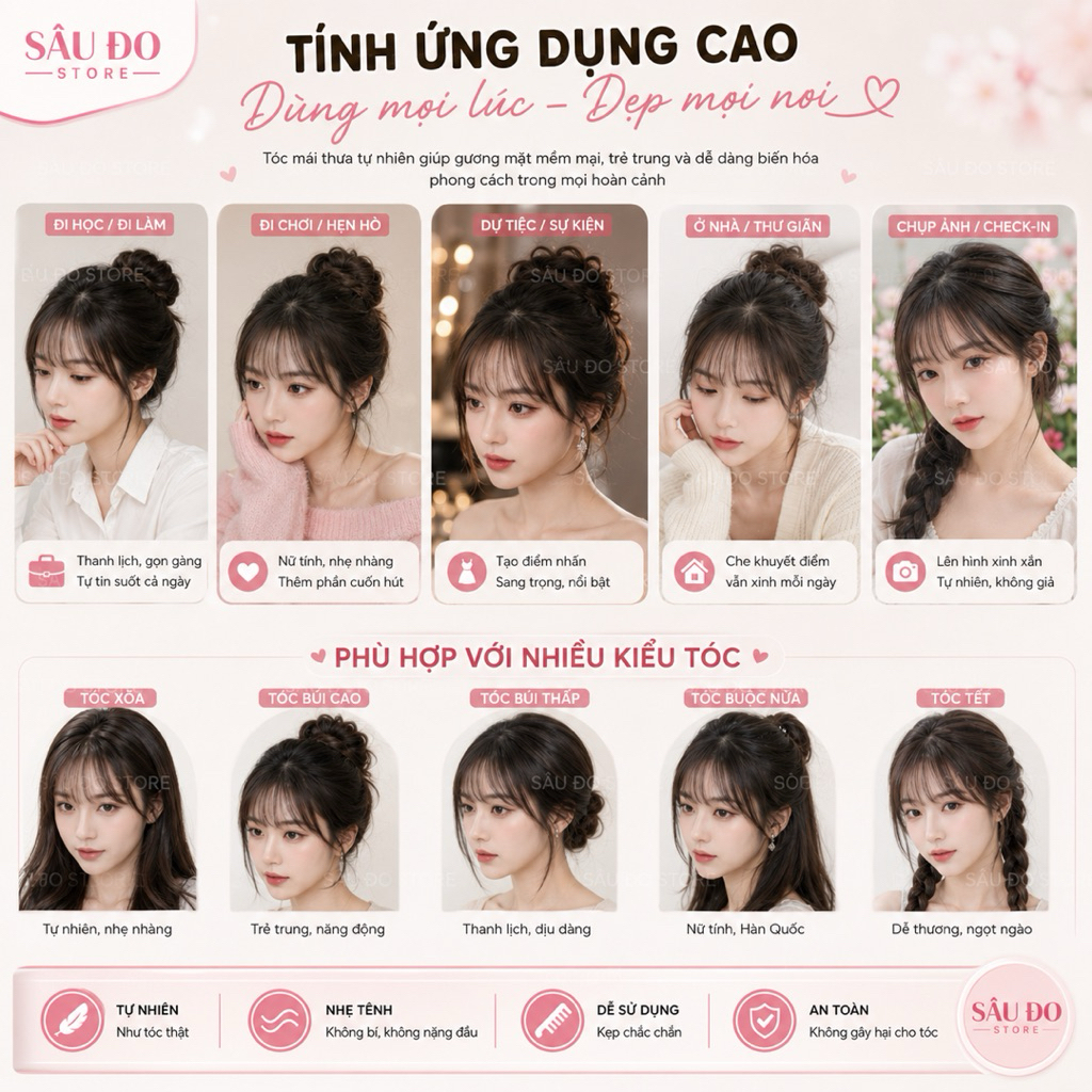 [HÀNG SIÊU CẤP] TÓC GIẢ MÁI THƯA ĐỦ MÀU CLIP THẬT HƯỚNG DẪN ĐỘI TÓC