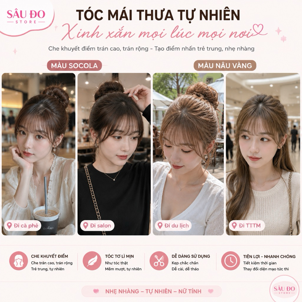 [HÀNG SIÊU CẤP] TÓC GIẢ MÁI THƯA ĐỦ MÀU CLIP THẬT HƯỚNG DẪN ĐỘI TÓC