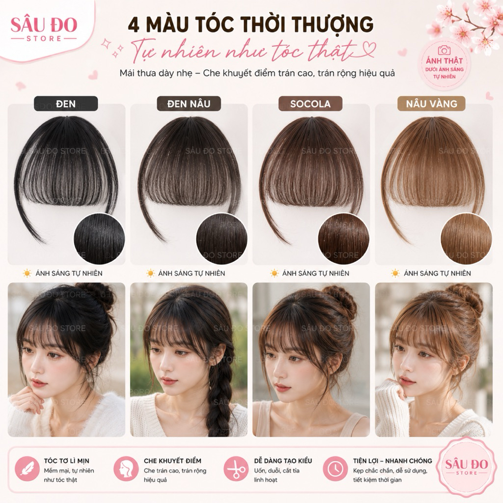 [HÀNG SIÊU CẤP] TÓC GIẢ MÁI THƯA ĐỦ MÀU CLIP THẬT HƯỚNG DẪN ĐỘI TÓC