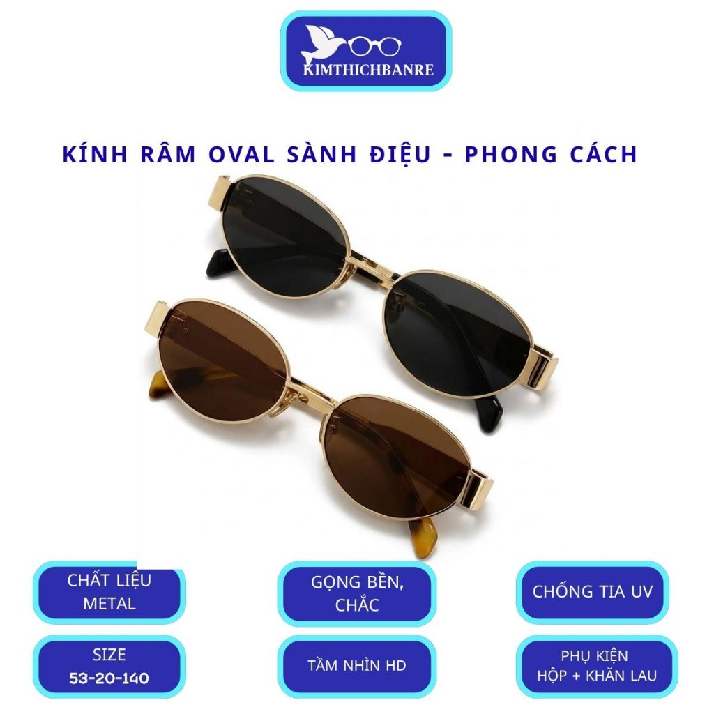 Kính râm oval Nhỏ thời  trang Retro Kính mát gọng kim loại vàng unisex kính đi biển chụp áo dài