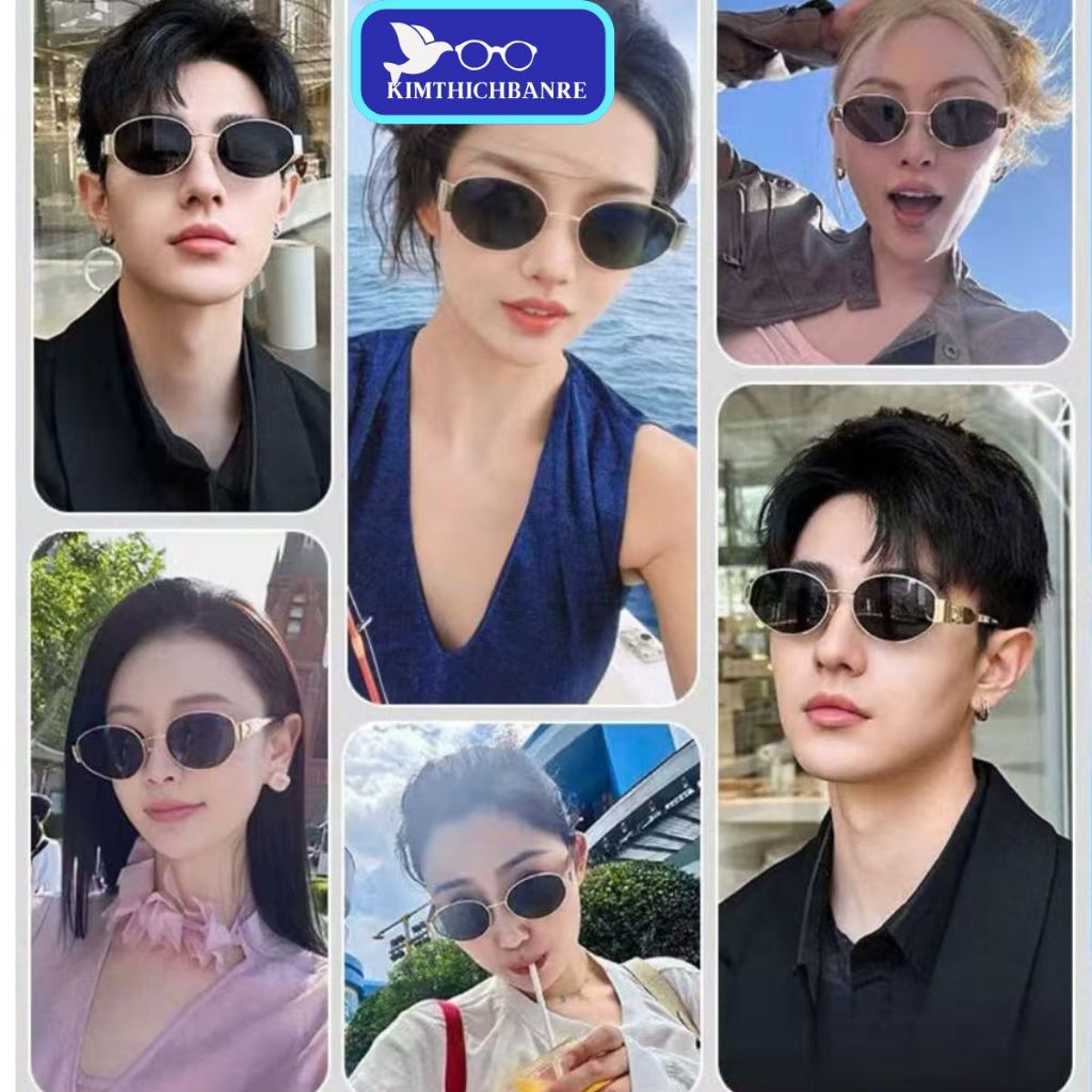 Kính râm oval Nhỏ thời  trang Retro Kính mát gọng kim loại vàng unisex kính đi biển chụp áo dài