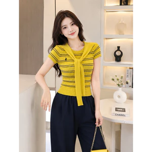 Áo len mongtoghi kẻ sọc ngang co giãn tay cộc ôm dáng kèm thuỷ thủ rời hàng Qc - sẵn