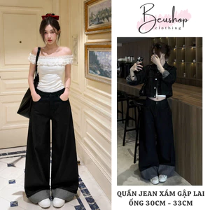 Quần Jean Suông Xám Đen GẬP GẤU Ống Rộng 30-33CM Cạp Cao Chất Jean Denim Mềm Ôm Eo Tôn Dáng MIAA
