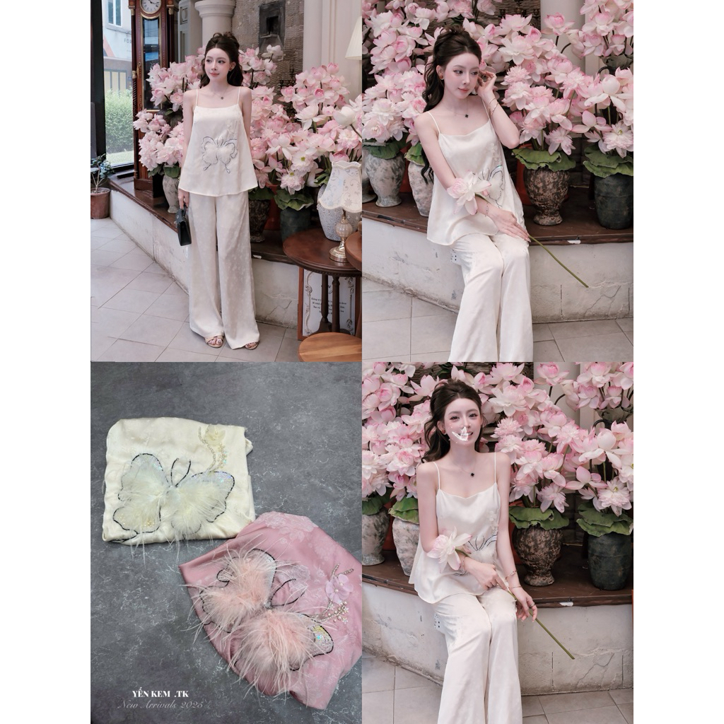Set áo lụa bứm kết kim sa lông vũ quần suông Thảo Hàn