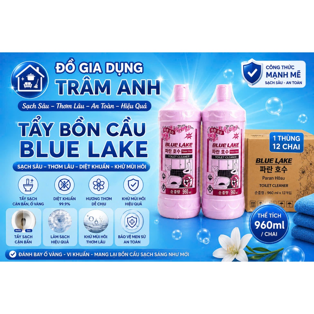 Combo 2 - 5 - Thùng 12 Chai Nước Tẩy Bồn Cầu Blue Lake 960ml - Khử Vết Ố Vàng Trong 1 Lần Sử Dụng