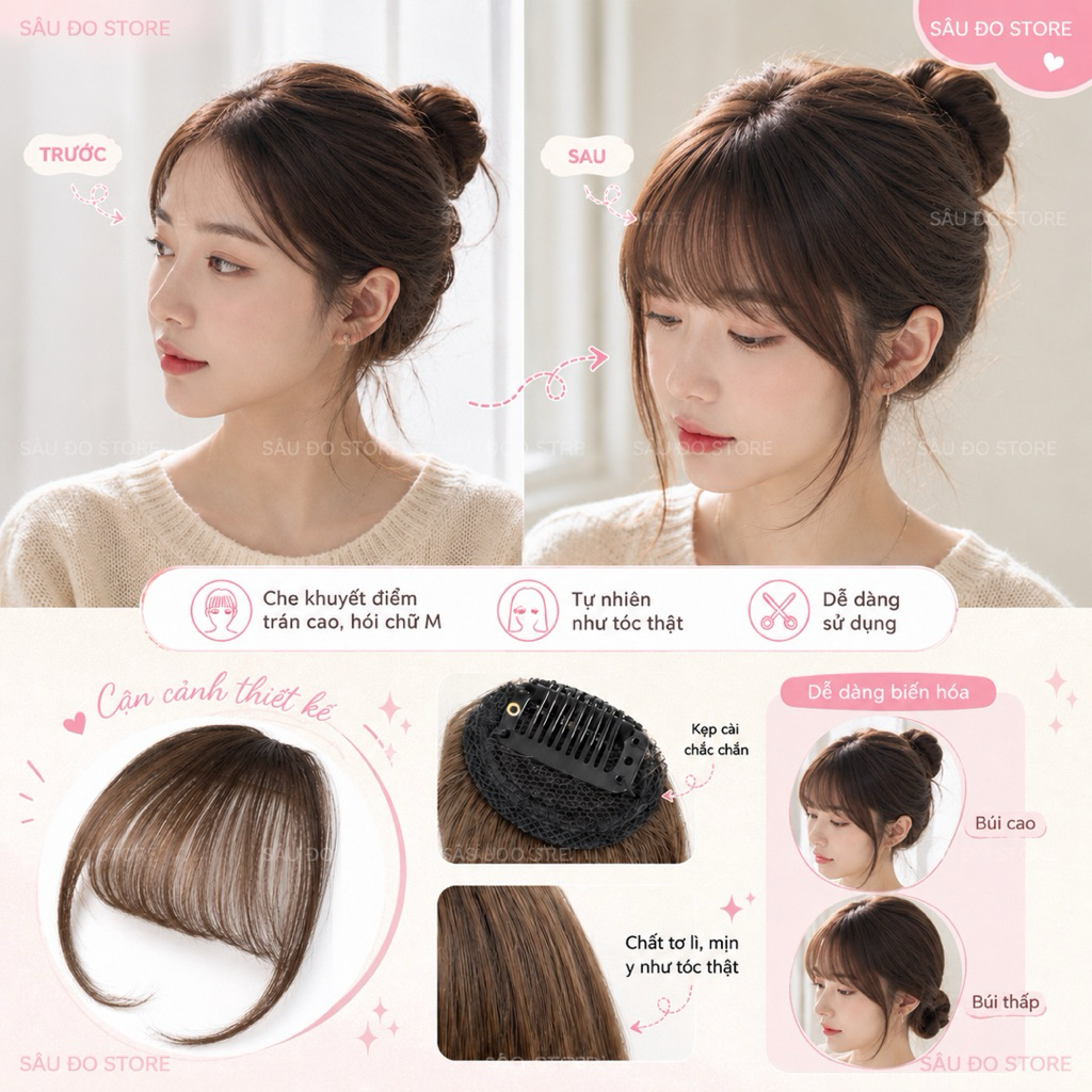 Tóc mái giả thưa Hàn Quốc – Kẹp gọn, không lộ chân tóc, che trán gọn