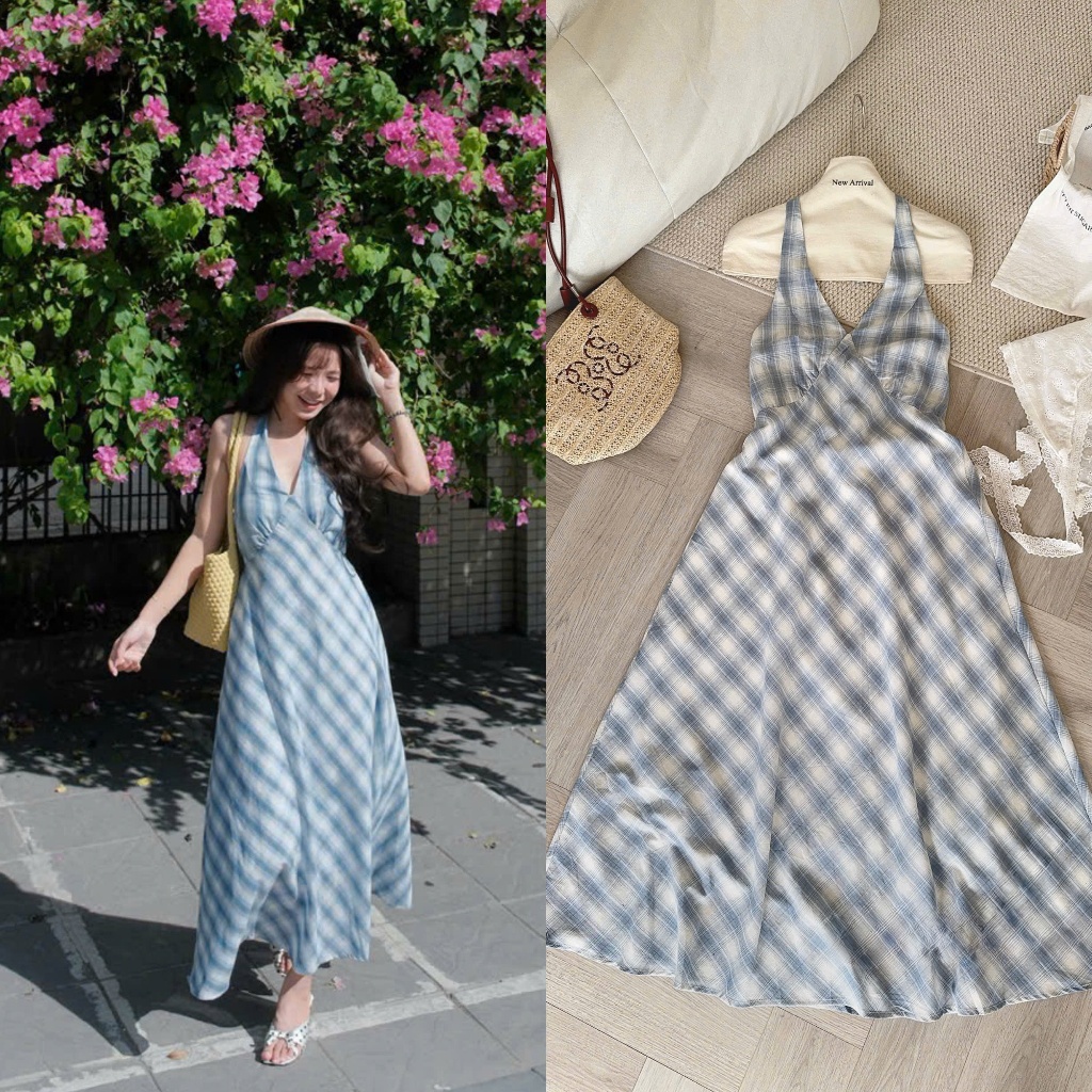 (HÀNG QC) Irene Dress (TSW) Váy thô kẻ xanh cổ yếm lưng chun Nữ the.sweaterweather
