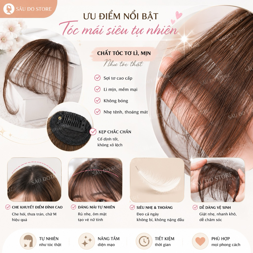 Tóc Giả Mái Thưa Hàn Quốc Dệt Tay – Mái Giả Tự Nhiên, Có Mai / Không Mai, Nhiều Màu, Mềm Tự Nhiên, Dễ Đội