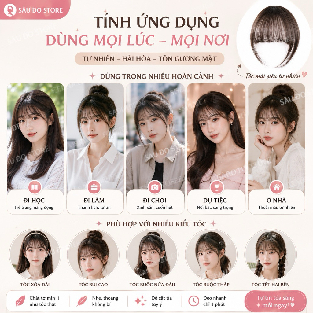 Tóc Giả Mái Thưa Hàn Quốc Dệt Tay – Mái Giả Tự Nhiên, Có Mai / Không Mai, Nhiều Màu, Mềm Tự Nhiên, Dễ Đội