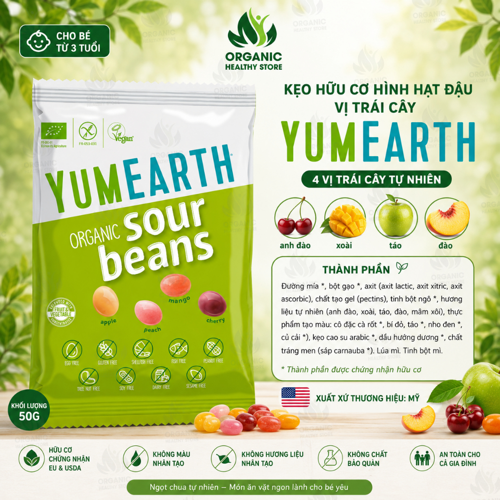 Kẹo mút/ kẹo dẻo hữu cơ cho bé vị trái cây Yumearth lollipops, gummies