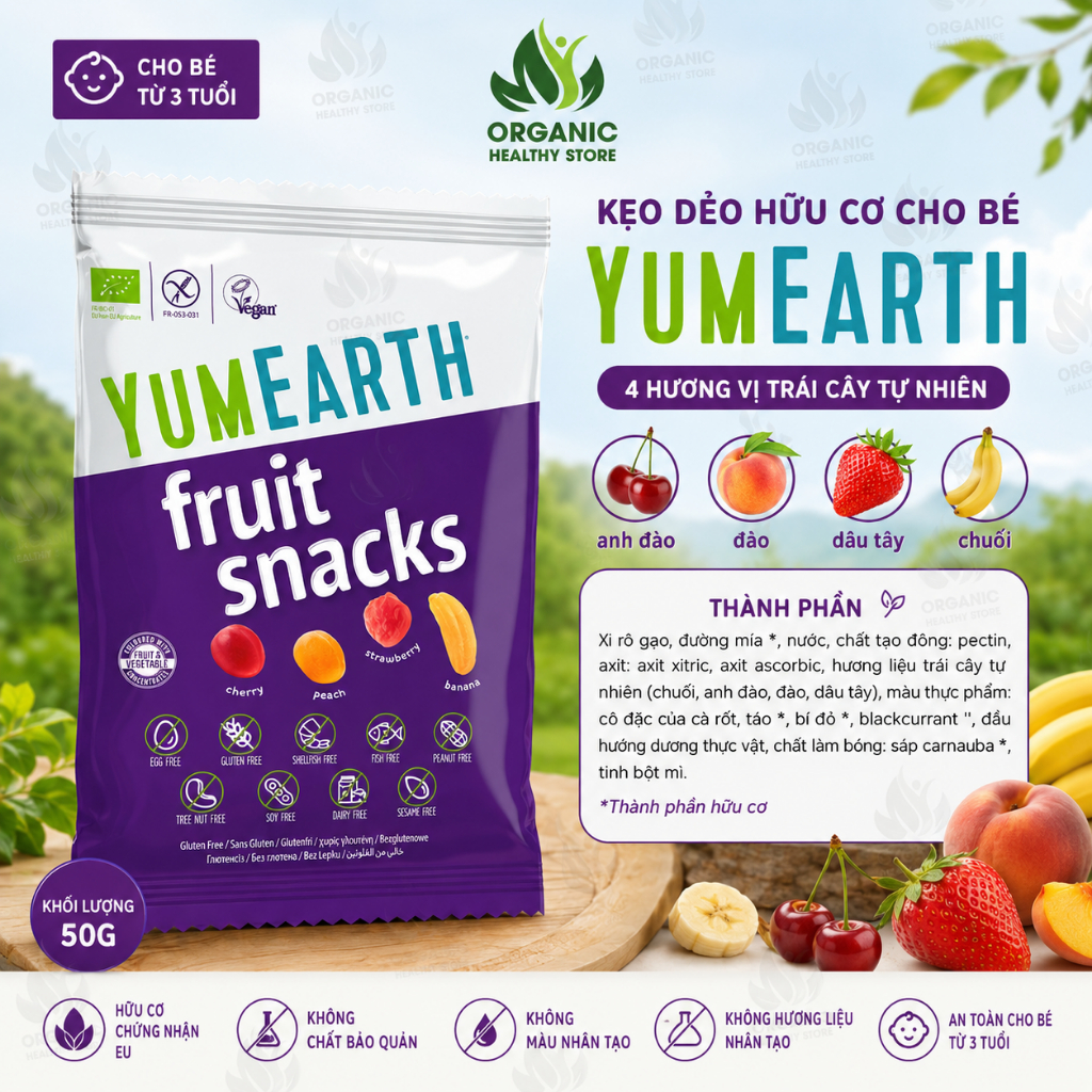 Kẹo mút/ kẹo dẻo hữu cơ cho bé vị trái cây Yumearth lollipops, gummies