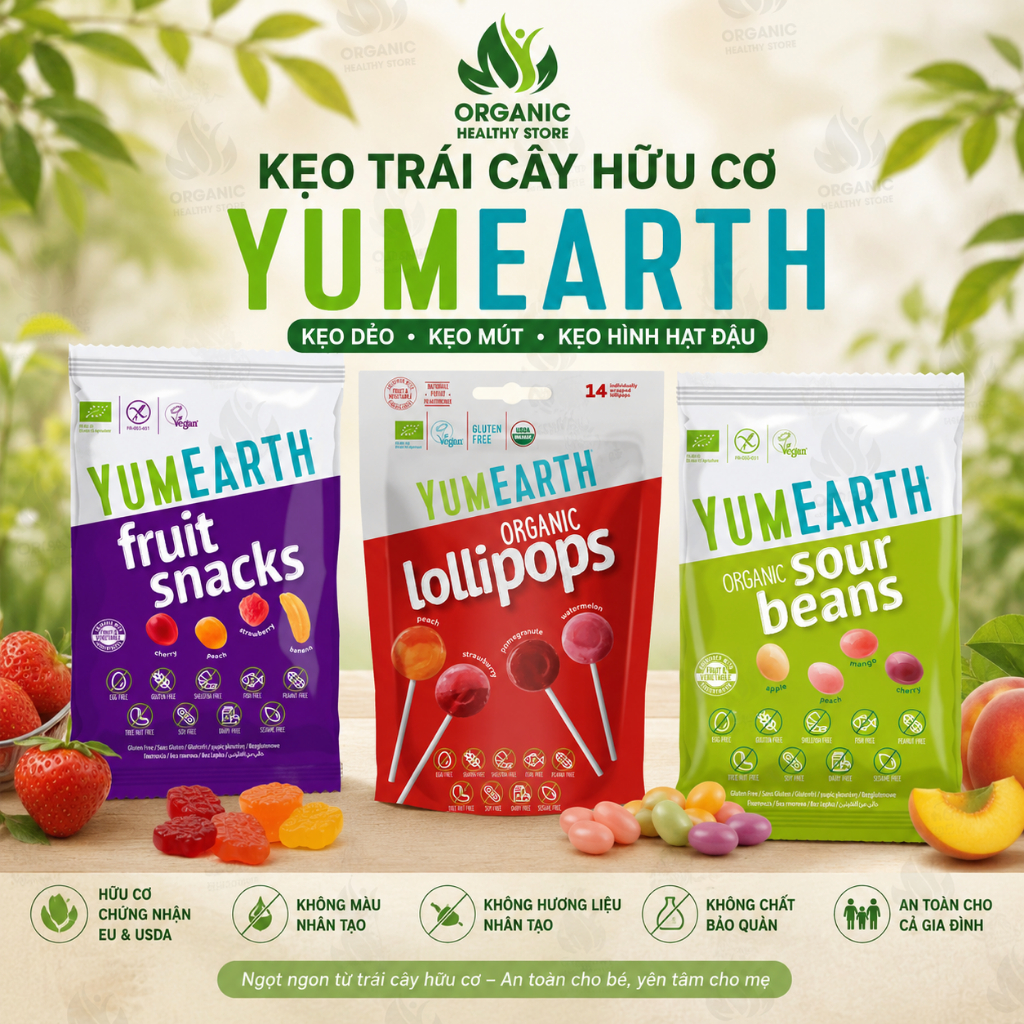 Kẹo mút/ kẹo dẻo hữu cơ cho bé vị trái cây Yumearth lollipops, gummies