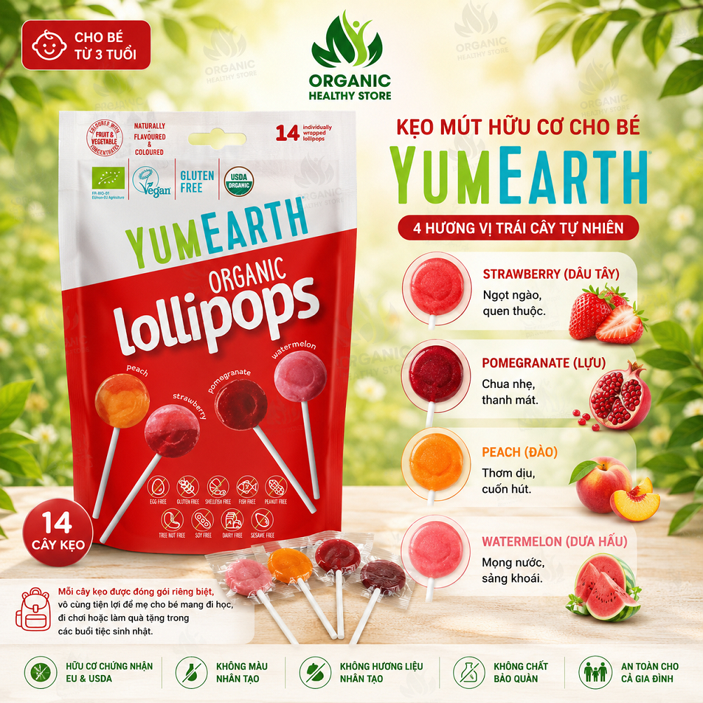 Kẹo mút/ kẹo dẻo hữu cơ cho bé vị trái cây Yumearth lollipops, gummies