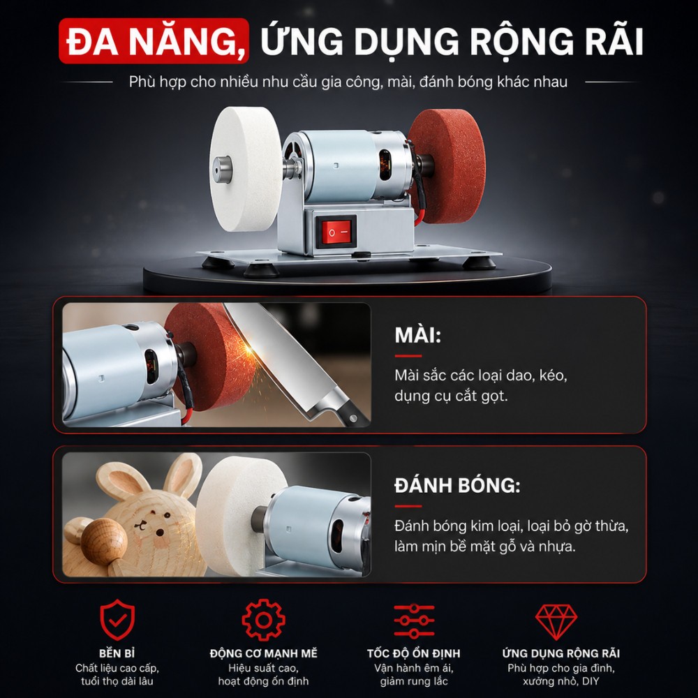 Máy Mài Dao Kéo 2 Đá Động Cơ Mạnh Mẽ, Máy Đánh Bóng Điều Chỉnh Tốc Độ Linh Hoạt, Máy Mài Mini Mài Thô Mài Tinh Cao Cấp