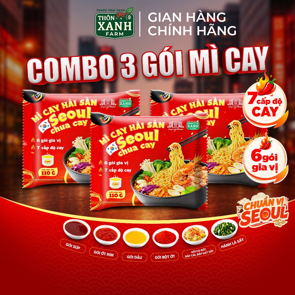 Combo 3 Gói Mì Cay Seoul 7 Cấp Độ Cay 6 Gói Gia Vị Hải Sản Chua Cay Trang Trại Sạch Thôn Xanh Farm