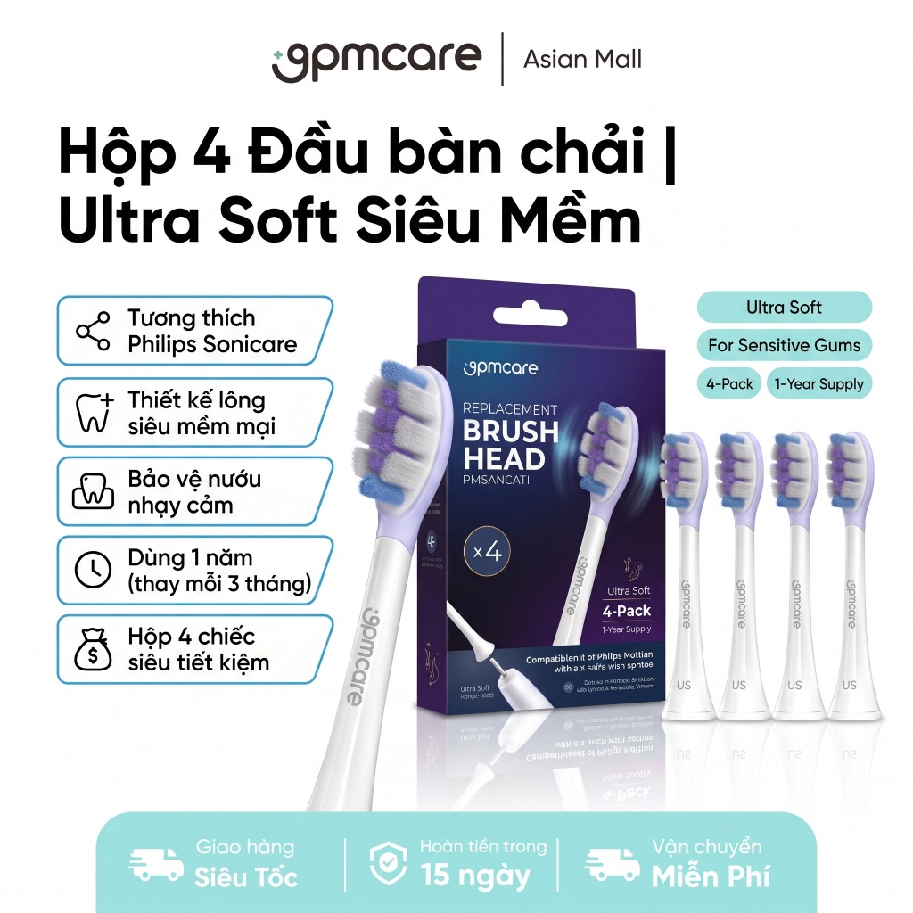 Đầu Bàn Chải Điện 9PMCARE Ultra Soft Siêu Mềm- tương thích Philips Sonicare (cho nướu nhạy cảm)